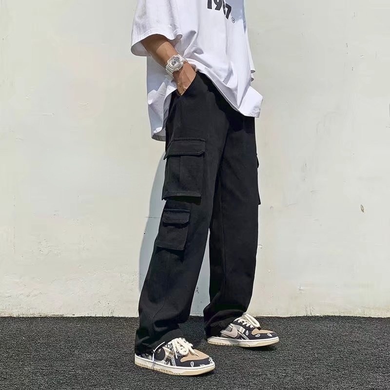 Quần dài ống suông rộng phối nhiều túi màu trơn phong cách hiphop thời trang cho nam