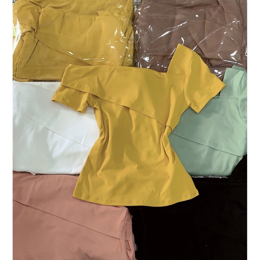 Áo kiểu bozip tay ngắn chéo vai bản xinh ảnh thật