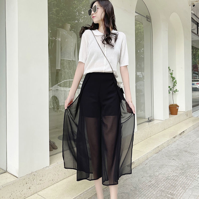 Quần Dài Ống Rộng Vải Voan Mỏng Eo Cao Xẻ Tà Kiểu Hàn Quốc Thời Trang Cho Học Sinh