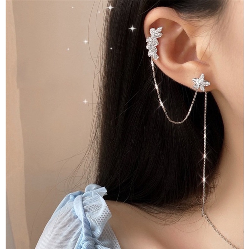 Bông Tai Dài Tua Rua Hình Hoa Đính Kim Cương Giả Thời Trang Cho Nữ