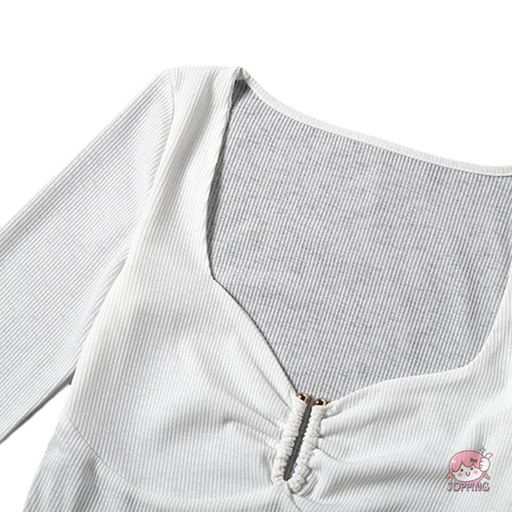 JOP7-Women Sexy Short Top Long Sleeve V Neck See-Through Mesh Ruffled White Slim Fit T-shirts