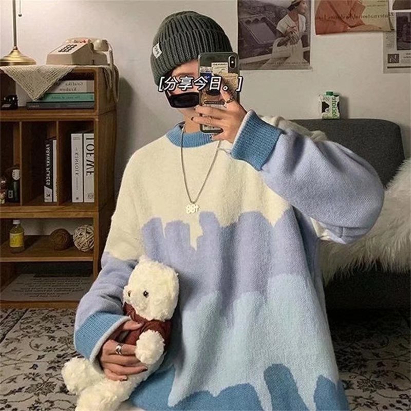 Áo sweater dệt kim tay dài cổ tròn nhuộm màu phong cách đường phố hip hop Hàn Quốc cho nam size M-2XL