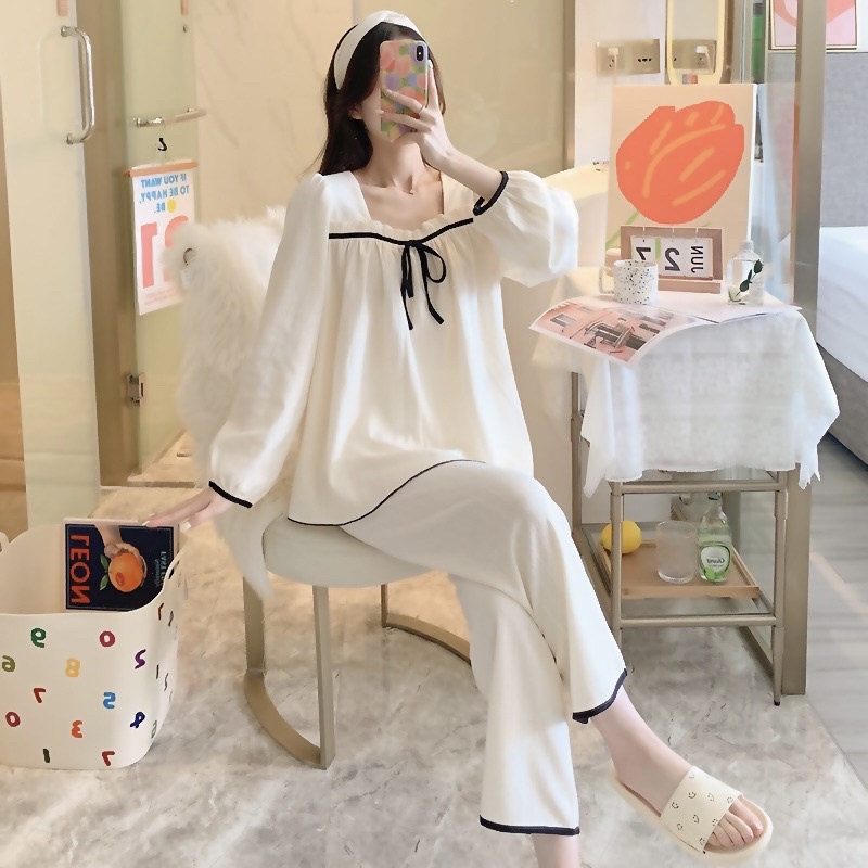 Bộ Ngủ Dài T97 bộ mặc nhà chất Lụa Satin phối viền đen phong cách Hàn Quốc | BigBuy360 - bigbuy360.vn