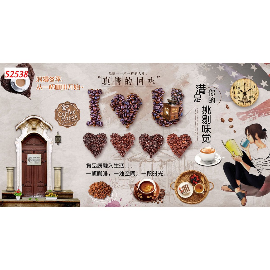Tranh dán tường vải lụa 3D giành cho Quán Cafe, Trà Sữa, Trang Trí Cửa Hàng