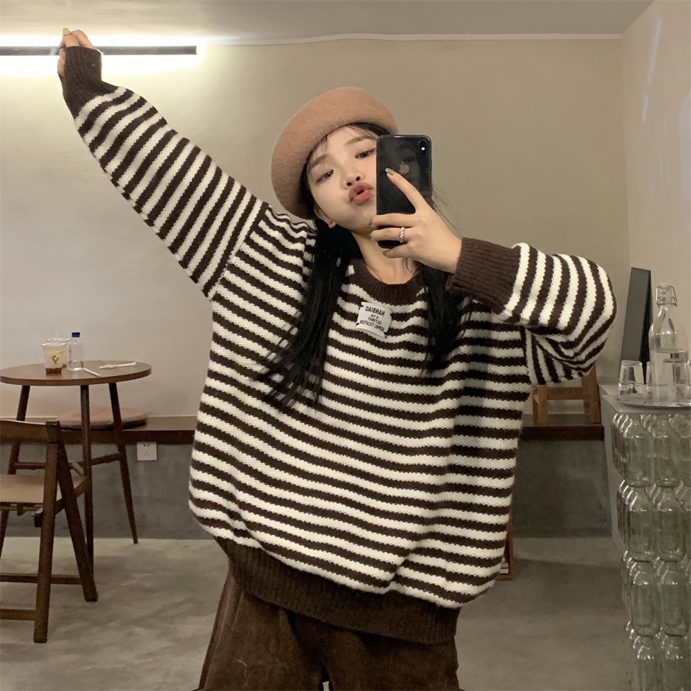 ZHELIHANGFEI Áo Len Tay Dài Form Rộng Họa Tiết Sọc Theo Phong Cách Phương Tây Dễ Phối Đồ