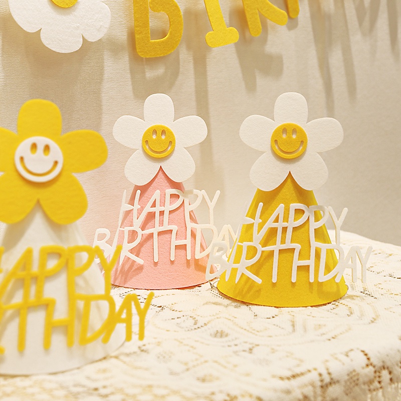 Băng Đô Hình Nón Sinh Nhật In Hình Hoa Cúc Mặt Cười Cho Bé