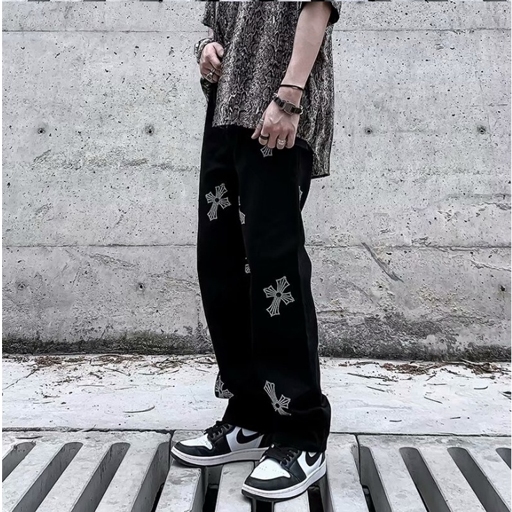 ThờI Trang QuốC HàN ĐẹP Quần Jean Đen Dáng Suông In Chữ Thập Cá Tính Phong Cách Harajuku Cho Nam QuầN VảI ỐNg SuôNg Nam