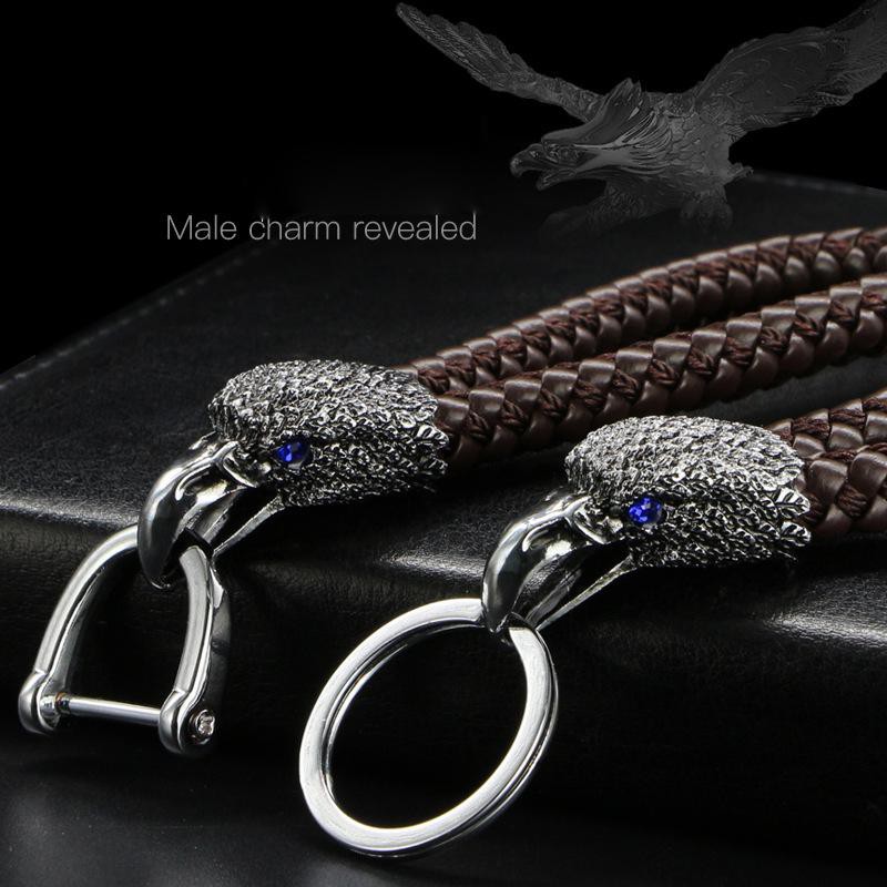 Móc khóa xe máy. ô tô đẹp chất liệu inox đầu da chim ưng da bện cực chất