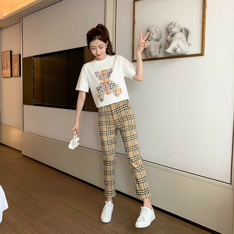 Bộ Thun Cao Cấp  Áo Thun Gấu Tay Cộc Và Quần Họa Tiết Caro Sọc, Bộ Thể Thao Năng Động Cá Tính-Size: M-L-XL-2XL