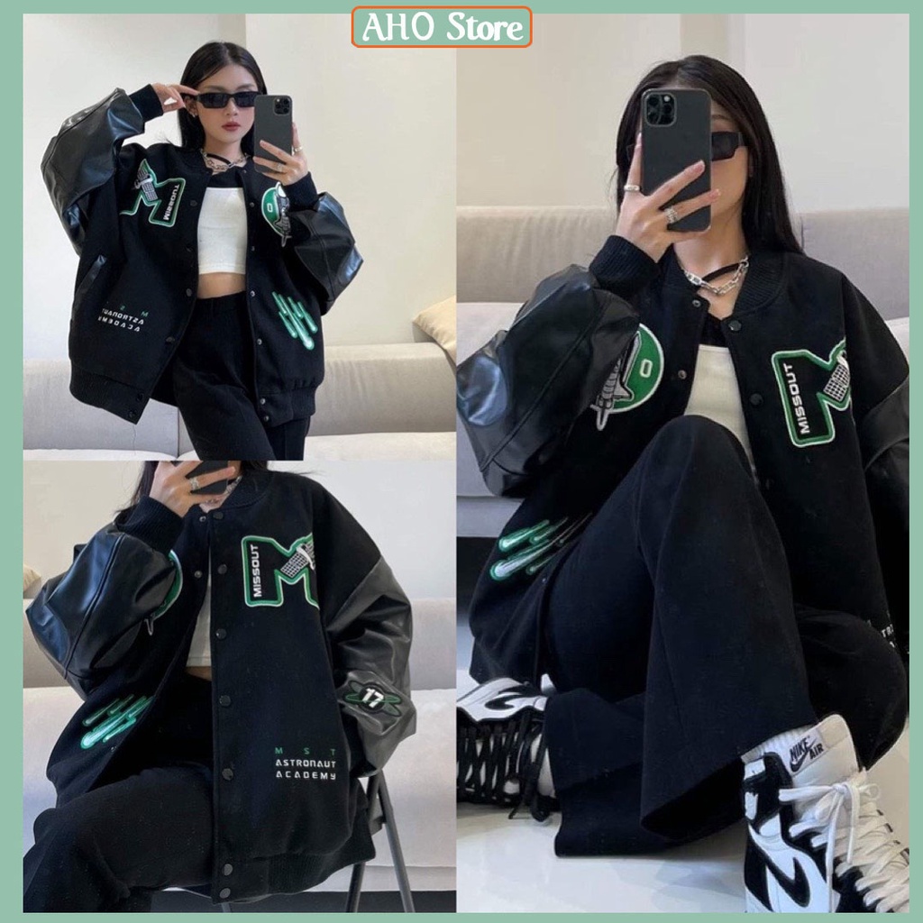 Áo Khoác Bomber Nỉ Phối Tay Da MISSOUT Áo Khoác Bóng Chày Nam Nữ Unisex Freesize Form Rộng