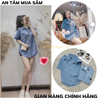 Áo sơ mi jean MẶT LOGO from rộng- áo bò demin ngắn tay phong cách ulzzang hàn quốc XƯỞNGMAYTC2