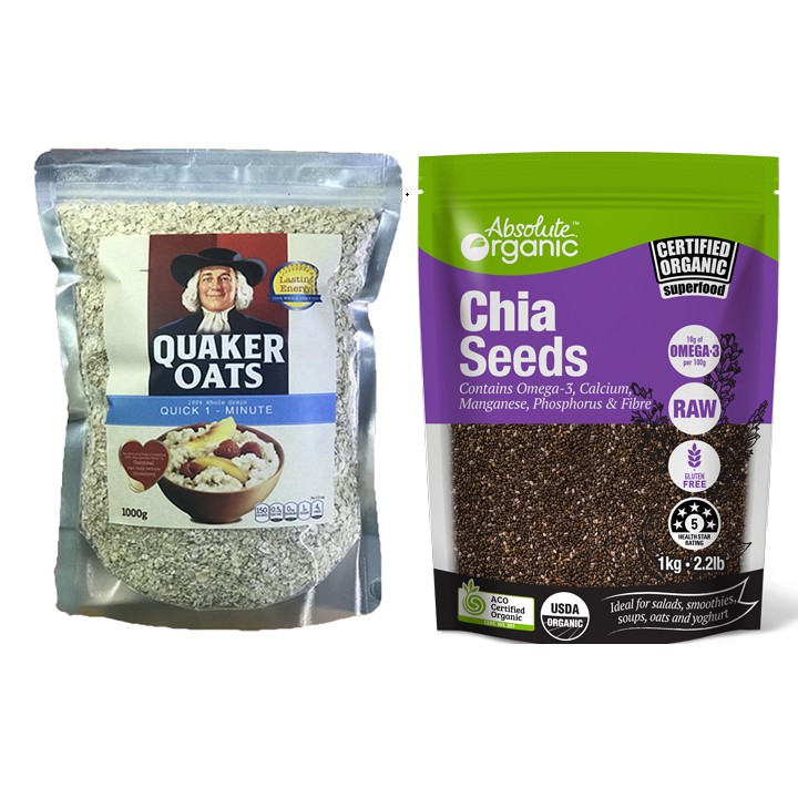 Combo 1 yến mạch quaker oats túi 1 kg và chia tím absolute organic túi 1kg đầy đủ dinh dưỡng, giảm cân