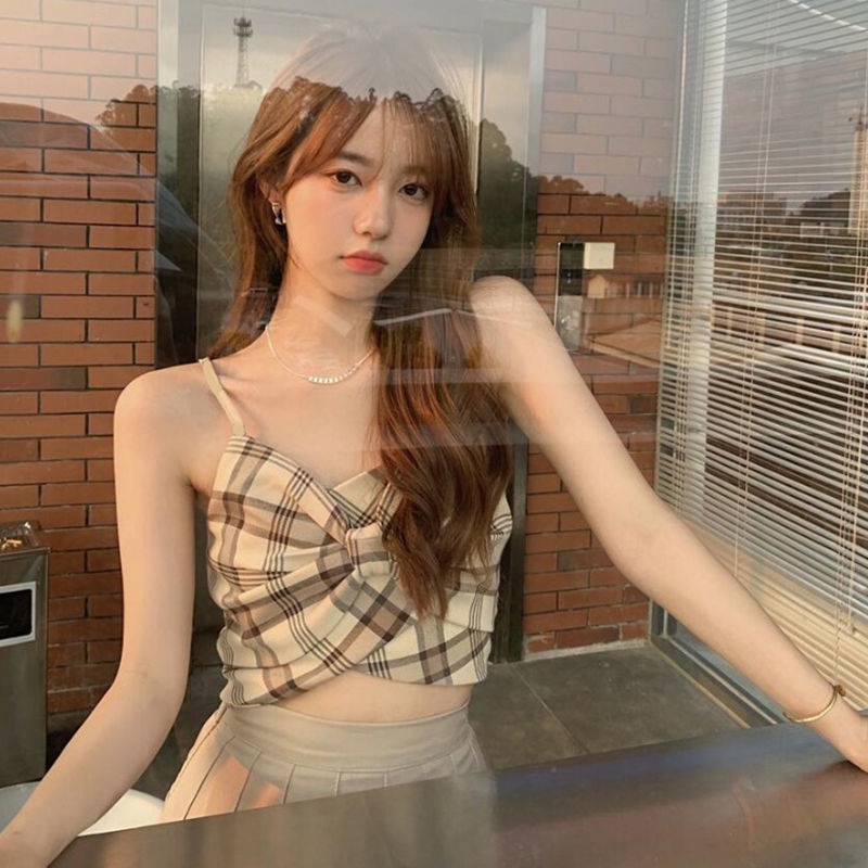Jiashucheng Áo Croptop Hai Dây Xếp Ly Lưng Cao Thắt Nơ Họa Tiết Sọc Caro Thời Trang Mùa Hè