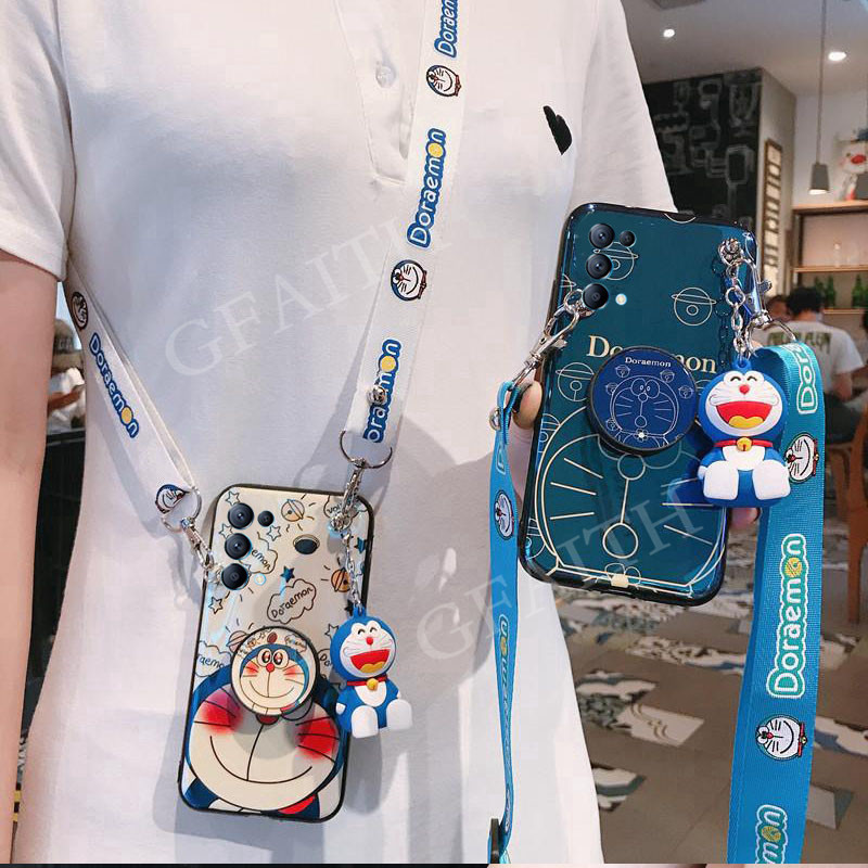 Ốp Điện Thoại Blu-ray In Hình Doraemon Có Dây Đeo In Chữ + Búp Bê Thời Trang Cho OPPO Reno5 / Reno 5 Pro 5G 2021