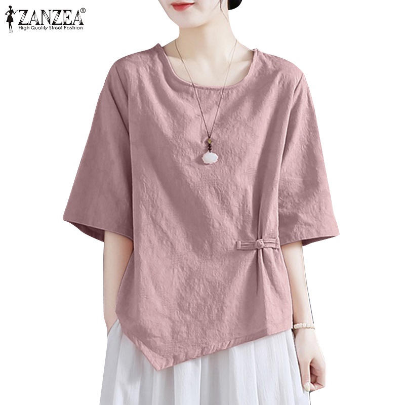 Áo kiểu ZANZEA tay lửng cổ tròn màu trơn cài nút thời trang cho nữ
