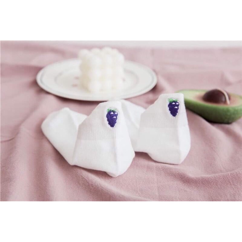 Vớ ngắn, tất ngắn, có đỡ gót thêu trái cây chất cotton thoáng mát, thấm hút mồ hôi_hình thật