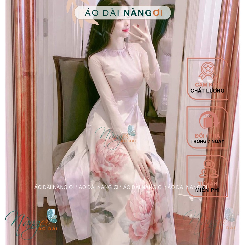 Áo dài cách tân hoa hồng - Áo dài 4 tà Lụa tơ óng mềm cổ tròn dáng đẹp