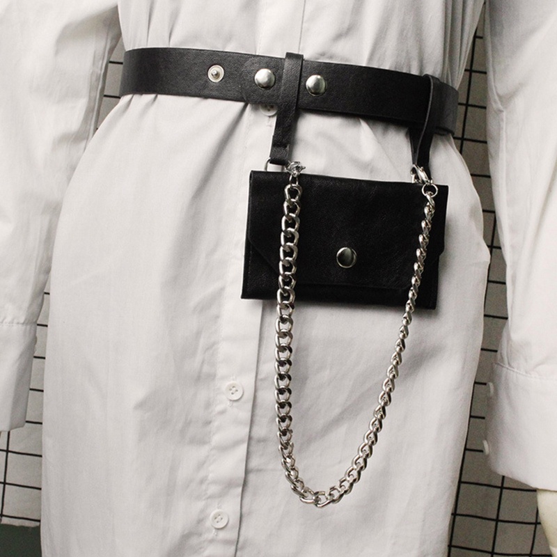 Túi Đeo Hông Bằng Da Phối Dây Xích Kim Loại Thời Trang Sang Trọng Cho Nữ