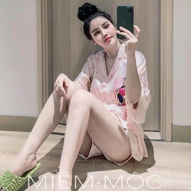 Pijama tay lỡ cánh dơi quần hình cô gái lụa