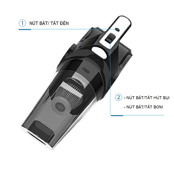 Máy Hút Bụi Kiêm Bơm Lốp Ô Tô, Máy Hút Bụi 4 Trong 1,  Có Đèn Led, Đo Áp Suất Lốp Chính Xác