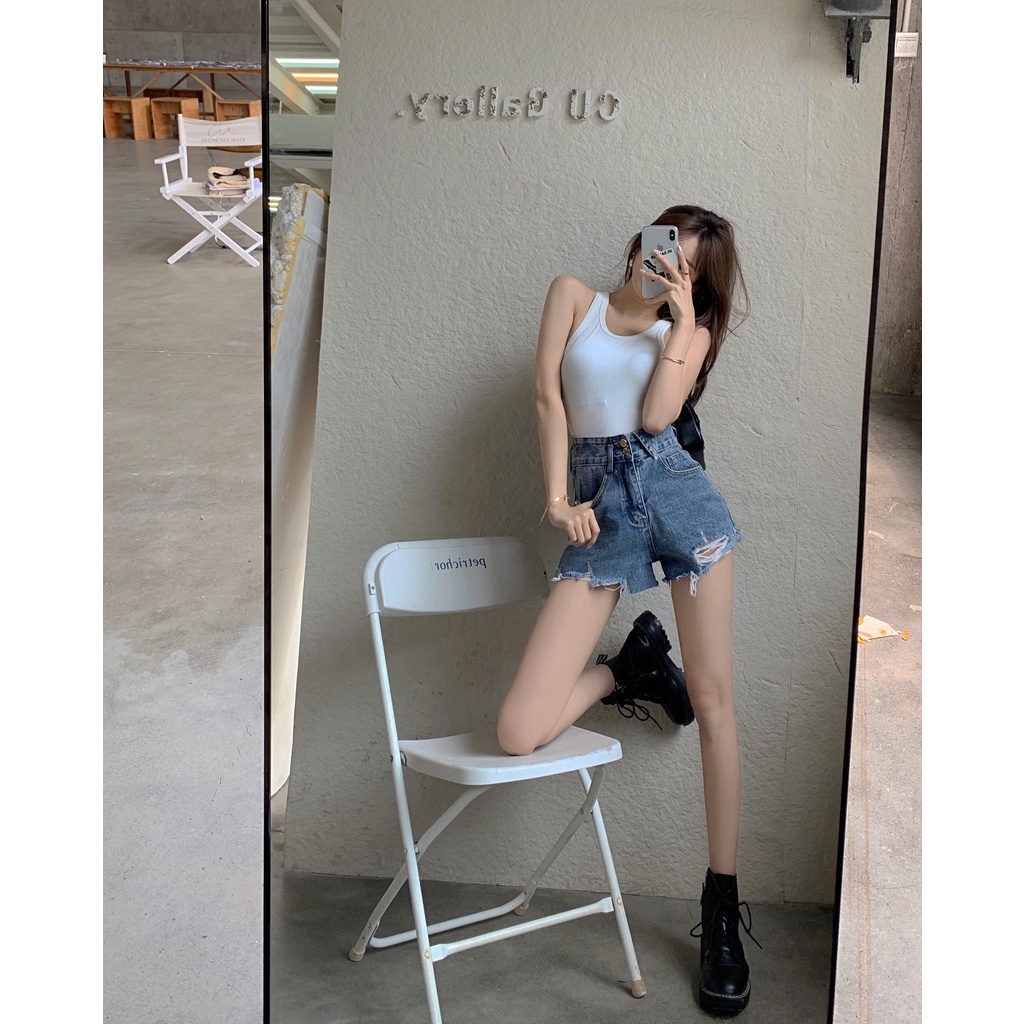 DUNEA Quần Short Denim Lưng Cao Phối Túi Cá Tính Dành Cho Nữ