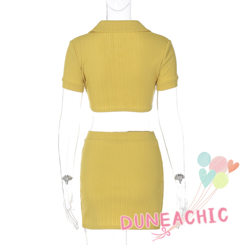 DUNEA Set Áo Thun Ngắn Tay Cổ Bẻ Phối Chân Váy Lưng Cao Xẻ Tà Thời Trang Trẻ Trung Cho Nữ