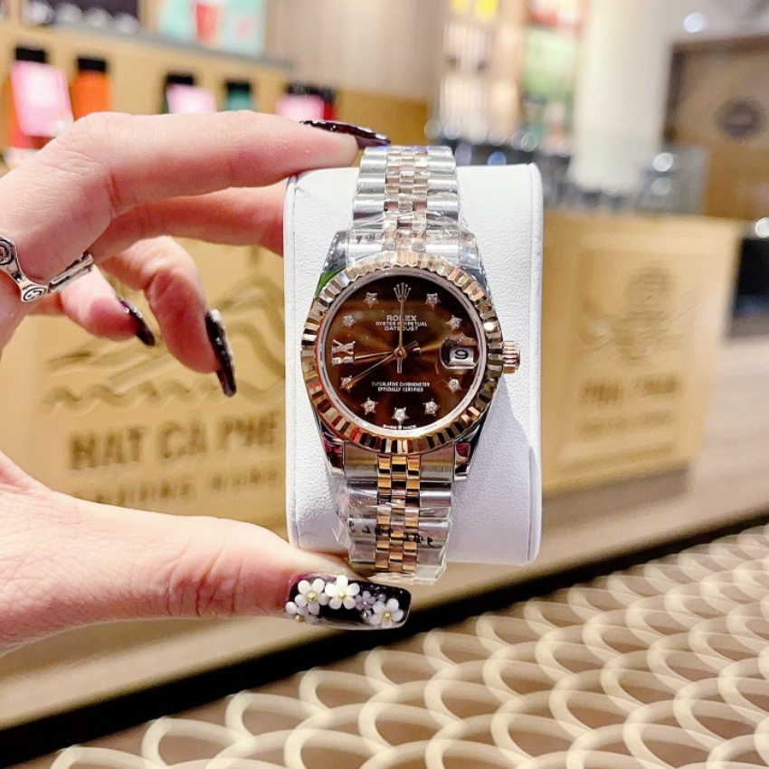 Đồng hồ nữ dây kim loại R0lex size 32mm niềng trơn máy cơ Automatic fullbox, chống nước, vỏ thép không gỉ, đồng hồ nữ c