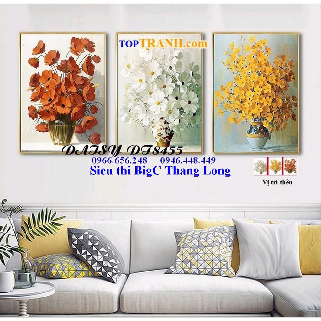 Tranh thêu chữ thập bình hoa 3 bức DT8455 tranh thêu treo cầu thang, phòng khách (chưa thêu)