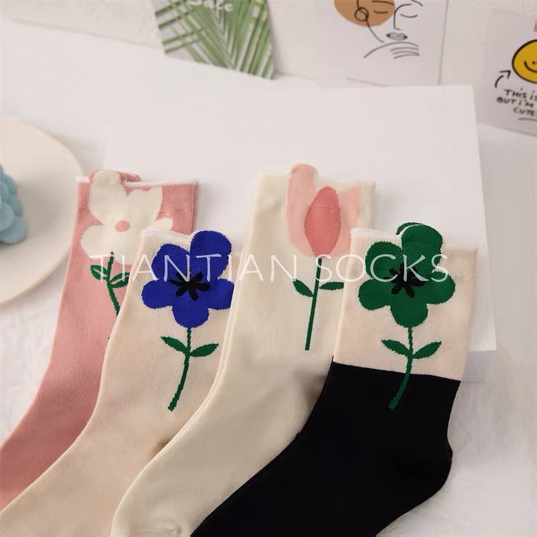 TIAN TIAN T184 Vớ nữ Cotton cao cổ Ba Chiều Mỏng Nhẹ In Họa Tiết Hoa Tulip Dễ Thương Thời Trang Xuân Hè Phong Cách Nhật Bản Cho Nữ
