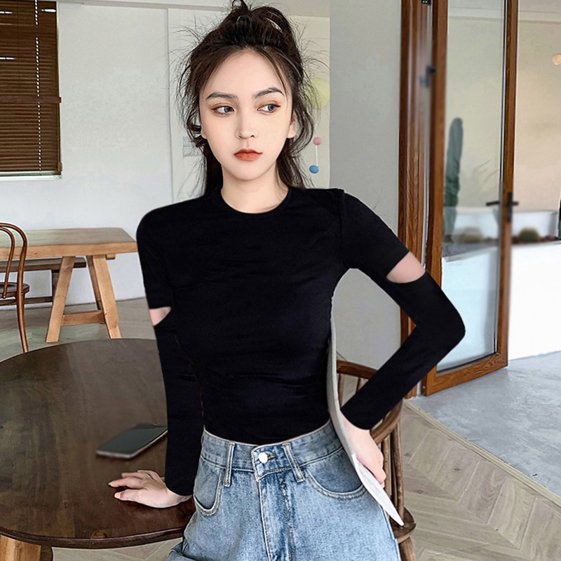 Áo thun tay dài cổ tròn màu trơn thời trang cho nữ