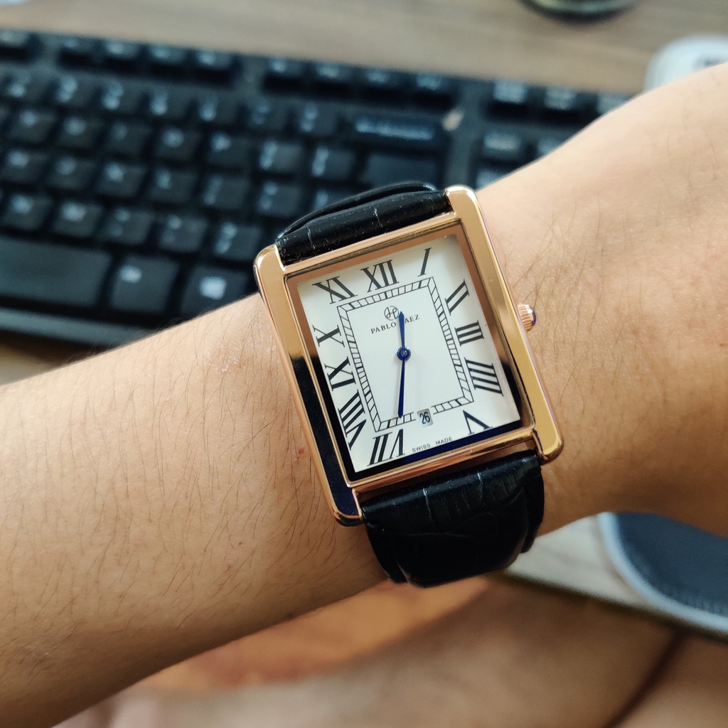 Đồng hồ nam nữ mặt vuông tank Pablo Raezz dây da cực đẹp