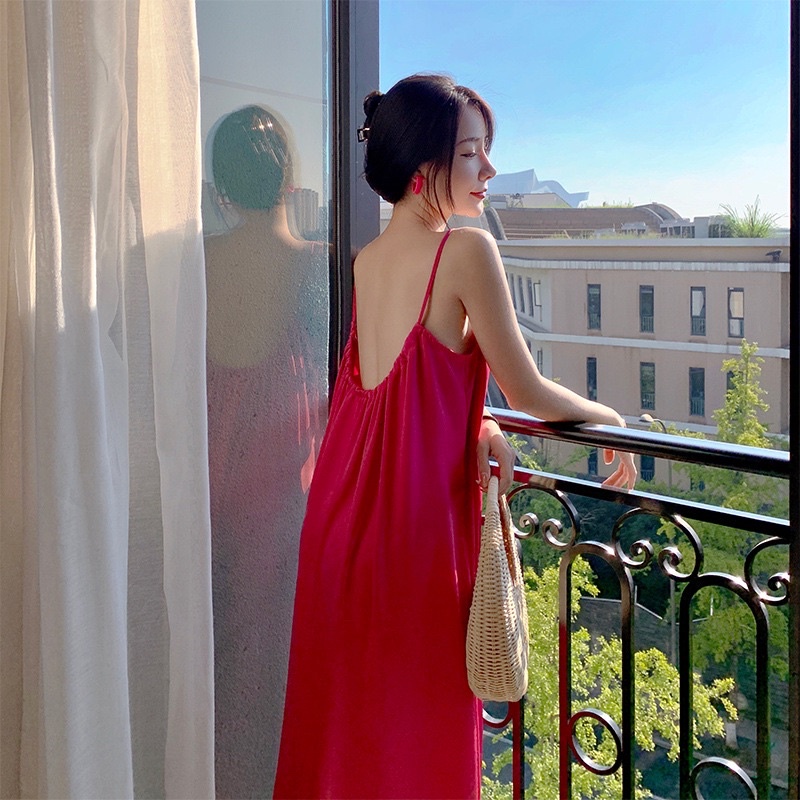 Đầm maxi dây hở lưng màu hồng bo chun dây cổ và lưng