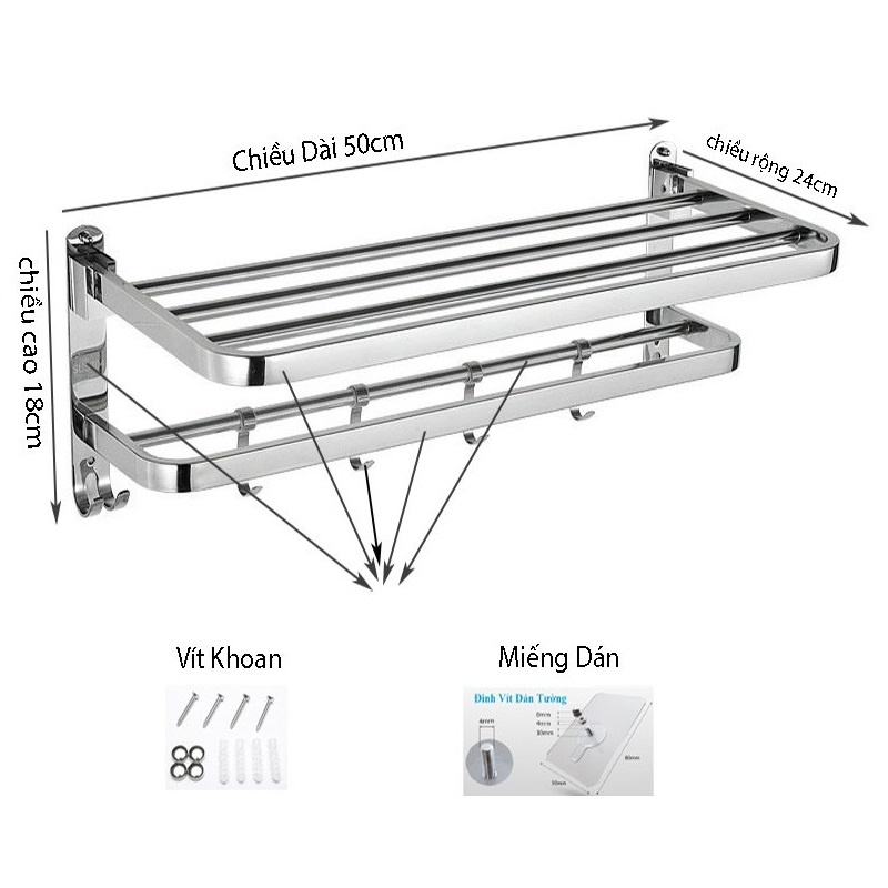 Giá treo đồ nhà tắm INOX 304 tặng kèm đinh vít dán tường không cần khoan