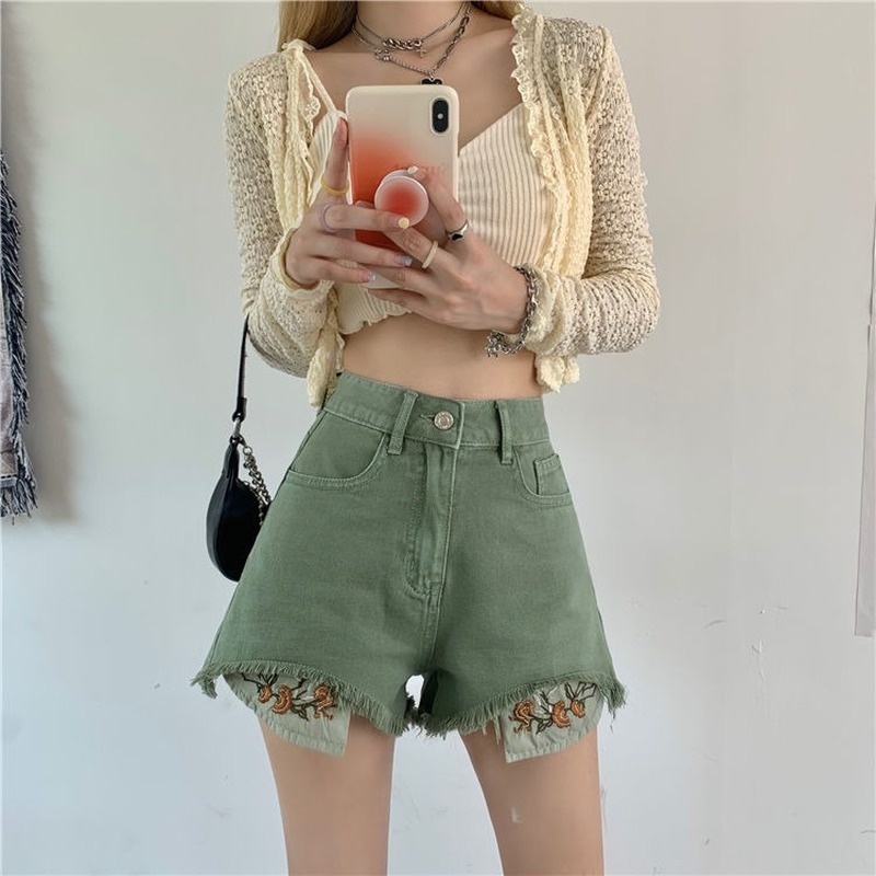 Quần Short Denim Ống Rộng Thêu Họa Tiết Cổ Điển Thời Trang Mùa Hè Cho Nữ