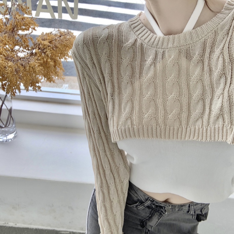 Áo Dệt Kim Tay Dài Dáng Ngắn Dễ Phối Đồ Hợp Thời Trang