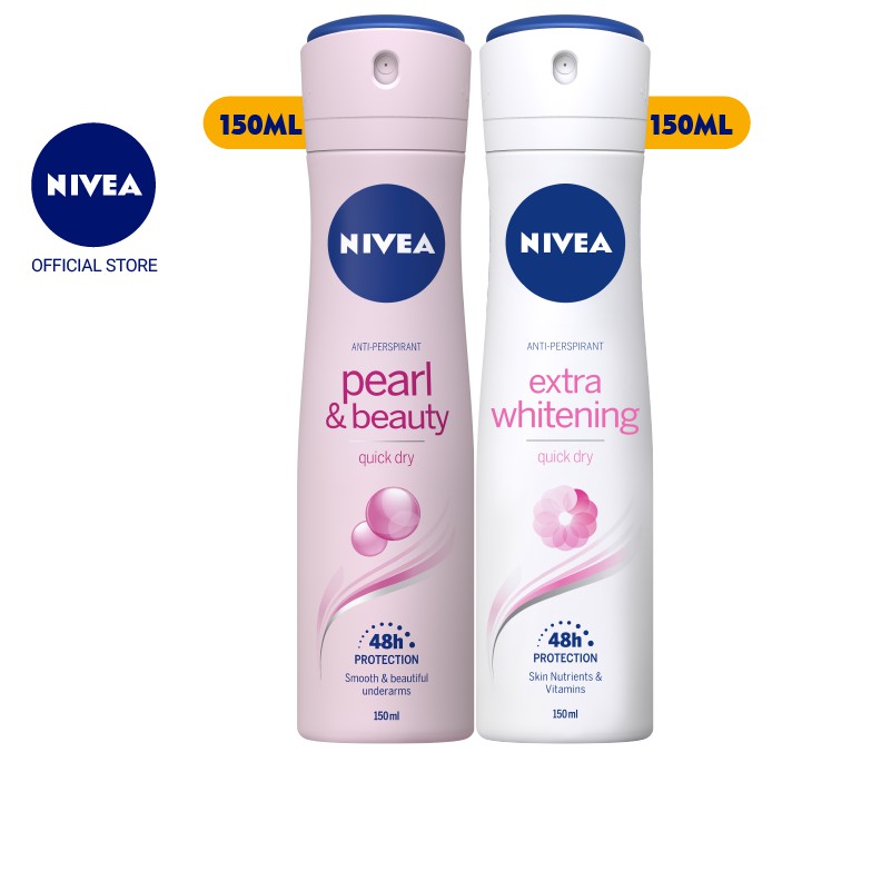 Bộ đôi xịt ngăn mùi NIVEA (Pearl & Beauty ngọc trai quyến rũ 150ml + Extra Whitening trắng mịn mờ vết thâm 150ml)