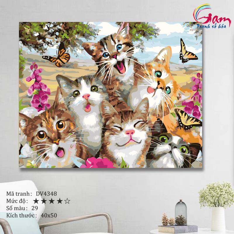 Tranh tô màu theo số Gam Đàn mèo dễ thương đã căng khung 40x50cm DV4348
