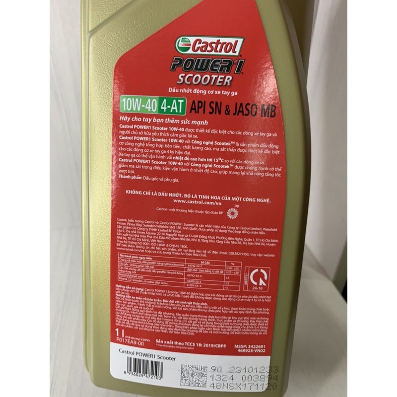 Nhớt XE TAY GA Bán Tổng Hợp CASTROL POWER 1 SCOOTER, SAE 10W40, API SN, JASO MB