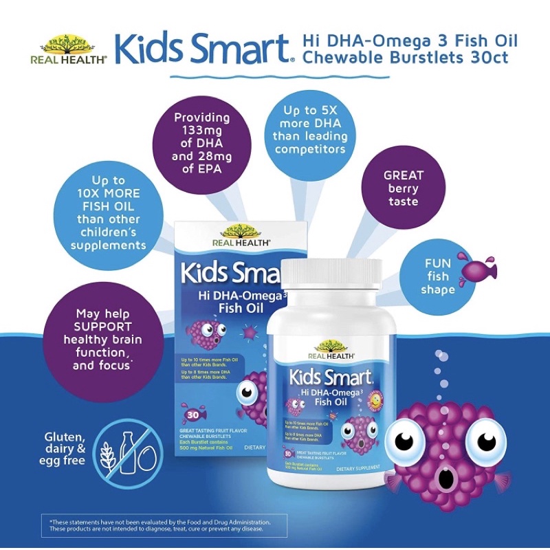 Viên kẹo nhai cho bé Real Health Omega3 DHA Fish Oil 30viên USA