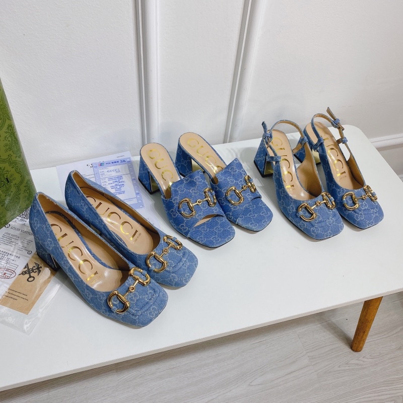 Giày sandal guốc guci jean hoạ tiết gót trụ fullbox