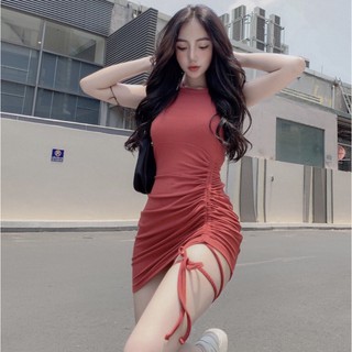 Đầm body rút dây một bên, rút eo, hông cổ yếm, có dây cột đùi sexy - yd250213