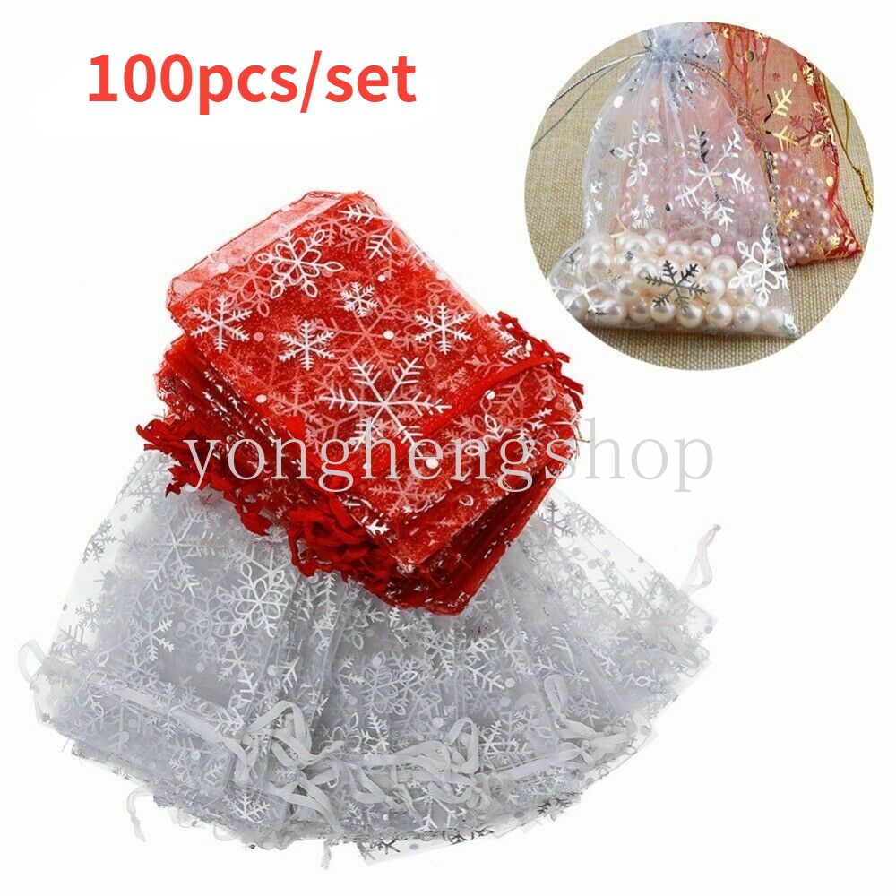 Set 100 Túi Rút Dây Họa Tiết Bông Tuyết Xinh Xắn Đựng Quà