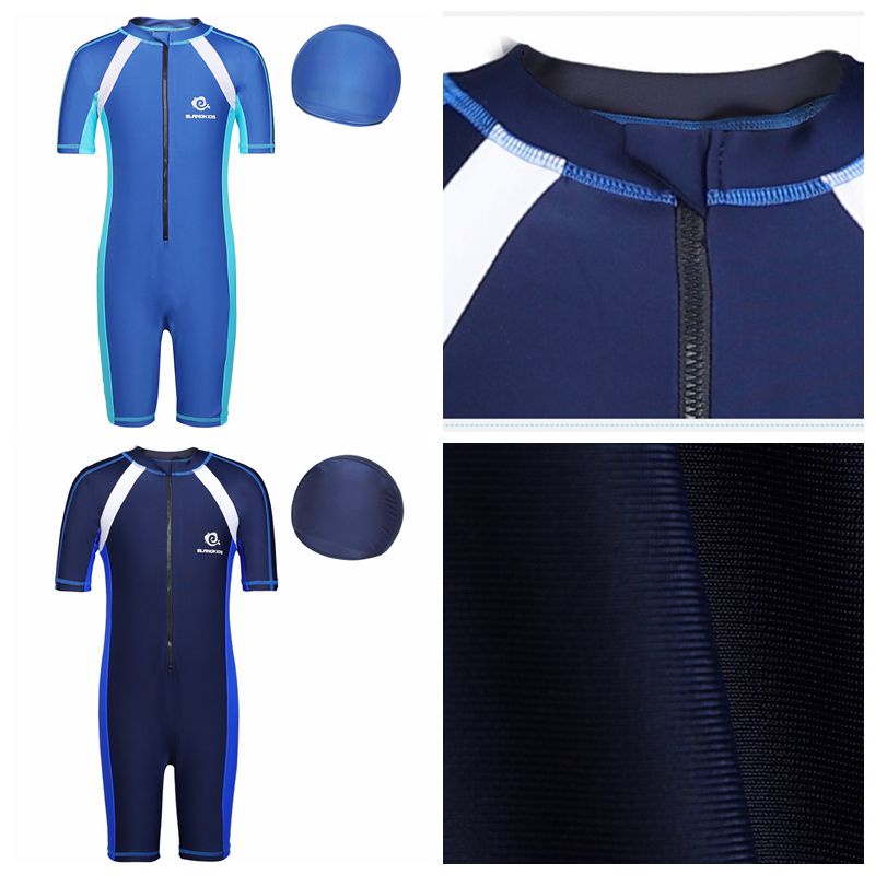 Bộ Đồ Bơi Liền Thân Tay Ngắn Kèm Mũ Bơi Chất Liệu Nhanh Khô Dành Cho Bé 5-14 Tuổi