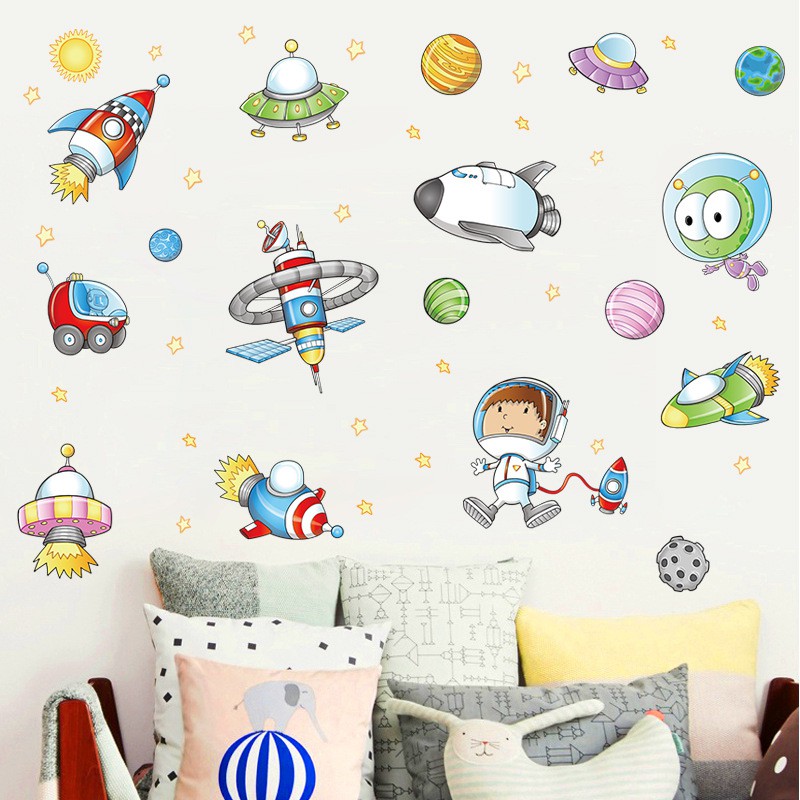 Decal trang trí cho bé dán tường hình các phương tiện du hành vũ trụ kích thước 100x75cm