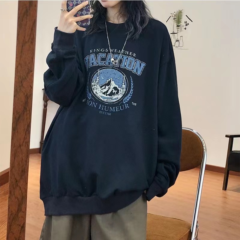 ZHELIHANGFEI Áo Thun Tay Dài Cổ Tròn Form Rộng Họa Tiết In Theo Phong Cách Preppy