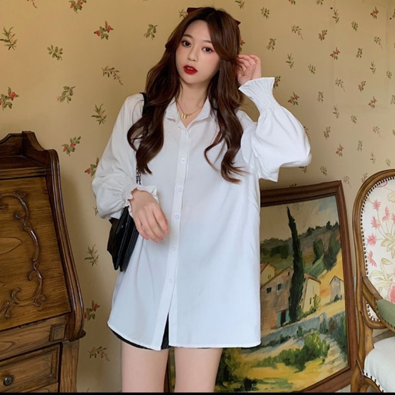 Áo sơ mi trắng nữ oversize tay bo chun ảnh thật