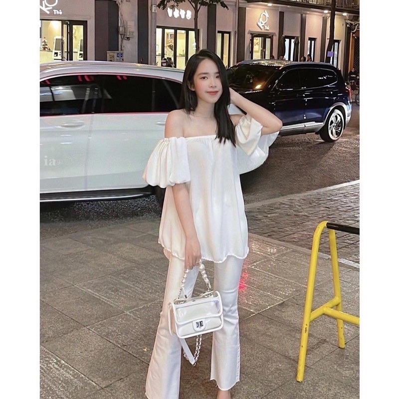 Áo trễ vai tay phồng dáng baby doll dễ thương Michi, áo kiểu bẹt vai tay bồng dáng dài