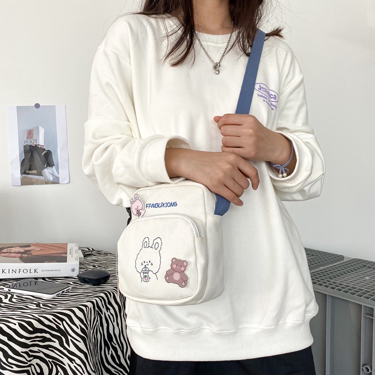 Túi đeo chéo vải mini đi chơi nhỏ xinh cute bền bỉ hình gấu thỏ trà sữa thời trang Hàn Quốc quà tặng đẹp ý nghĩa