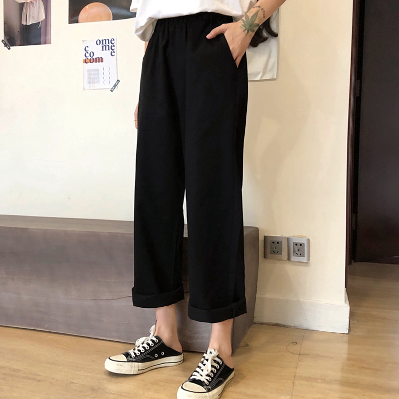 SUXI Quần dài ống rộng cạp cao thời trang retro phong cách Hàn Quốc cho nữ