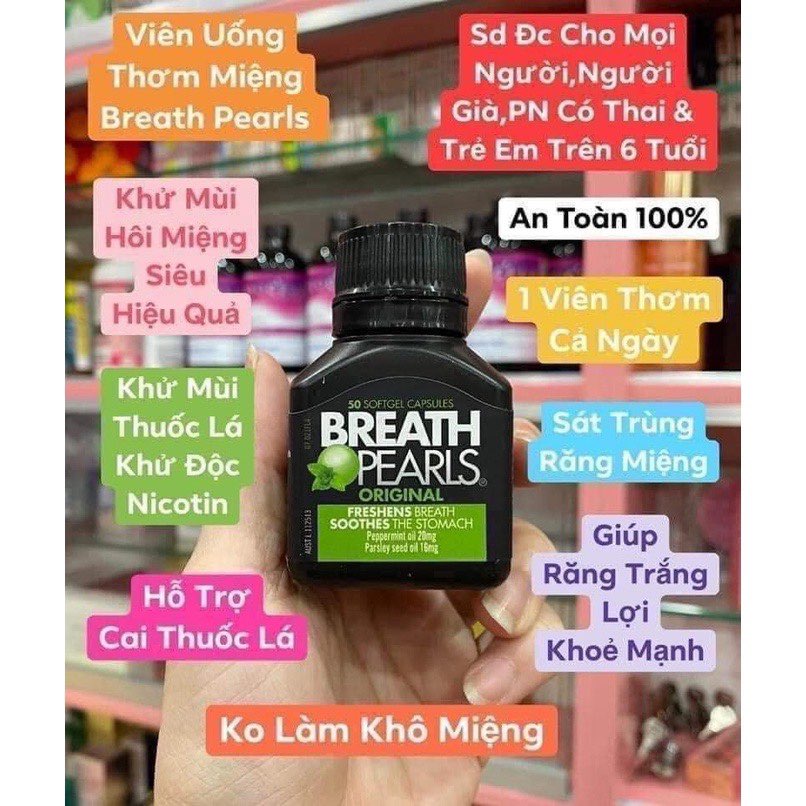 🌟 Viên thơm miệng thảo dược  giảm mùi miệng cho người lớn, phụ nữ và bé trên 6 tuổi Breath Pearls, Úc